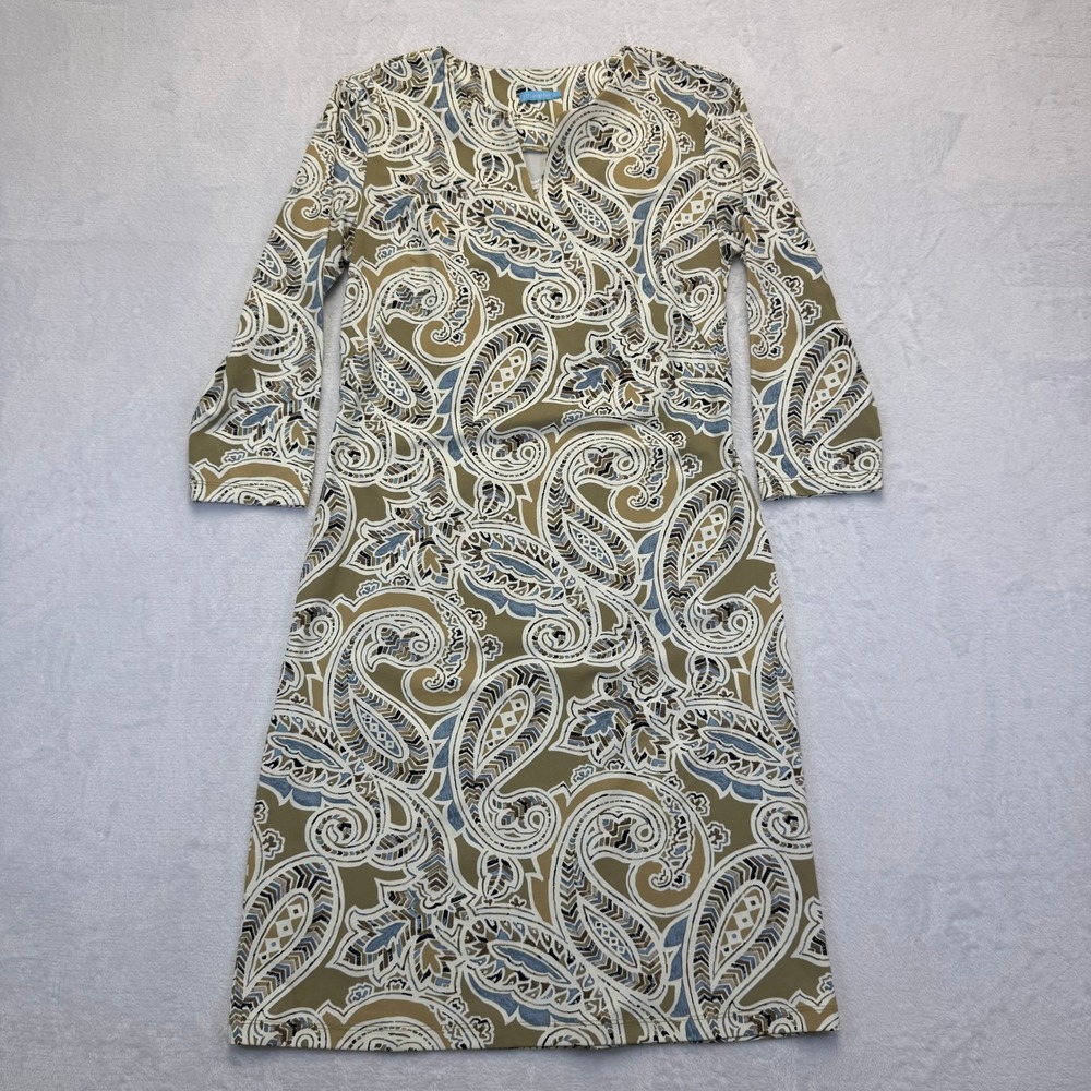J.McLaughlin Paisley Catalina Cloth V-Neck Shift Dress Olive Blue Small